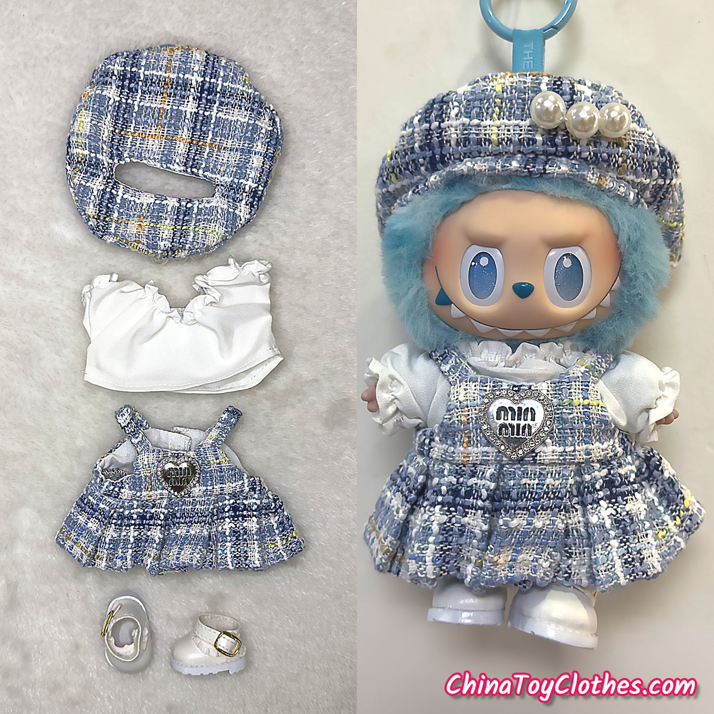 LABUBU 17cm The Monsters Plush Doll Handmade Clothes Adorable Blue MM Princess Dress NO TOY
