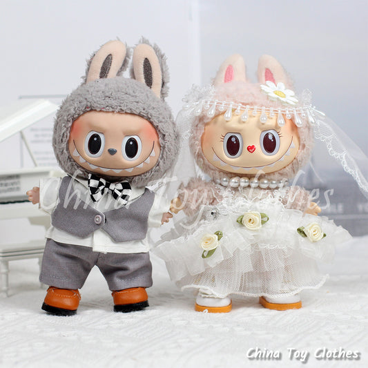 LABUBU 17cm The Monsters Plush Doll Replacing Clothes Handsome Wedding Suit and Dress
