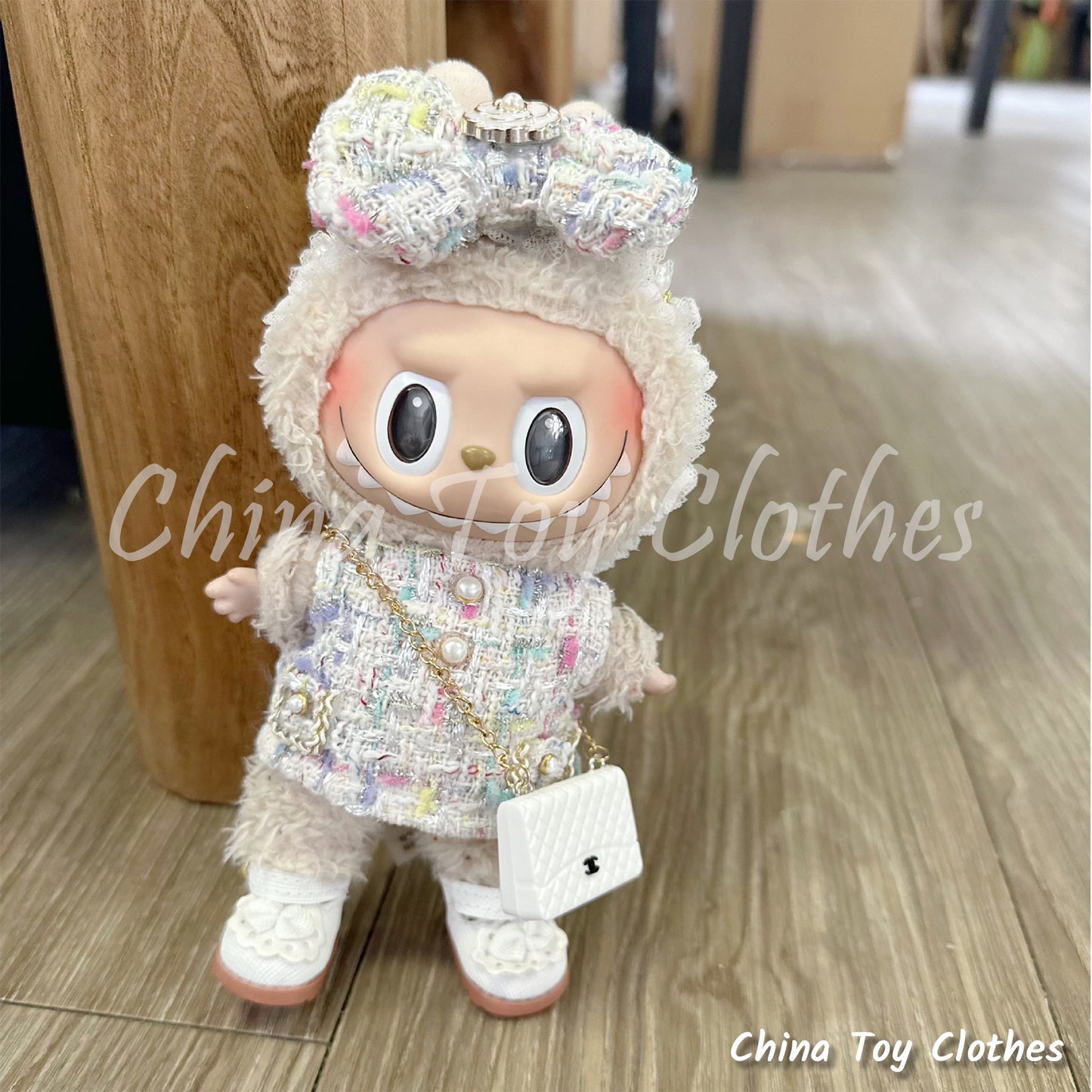 LABUBU 17cm Les Monstres Peluche Poupée Vêtements Rich Girl Blanc Chanel Mode Style Plus Sac &amp; Chaussures PAS DE JOUET