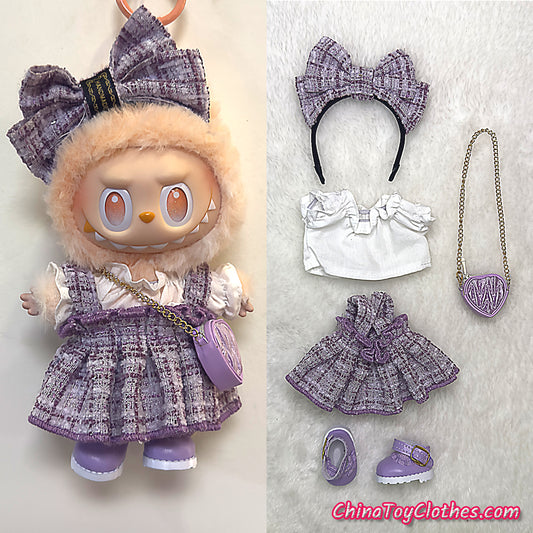LABUBU 17cm The Monsters Plush Doll Handmade Clothes Purple Elegant Princess Fashion Skirt With Bag NO TOY