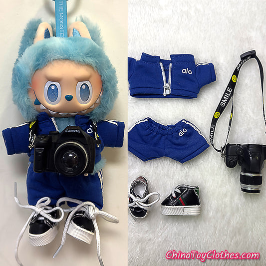 LABUBU 17cm The Monsters Plush Doll Replacing Clothes Blue Yoga Leisure Sportswear Outfit NO TOY
