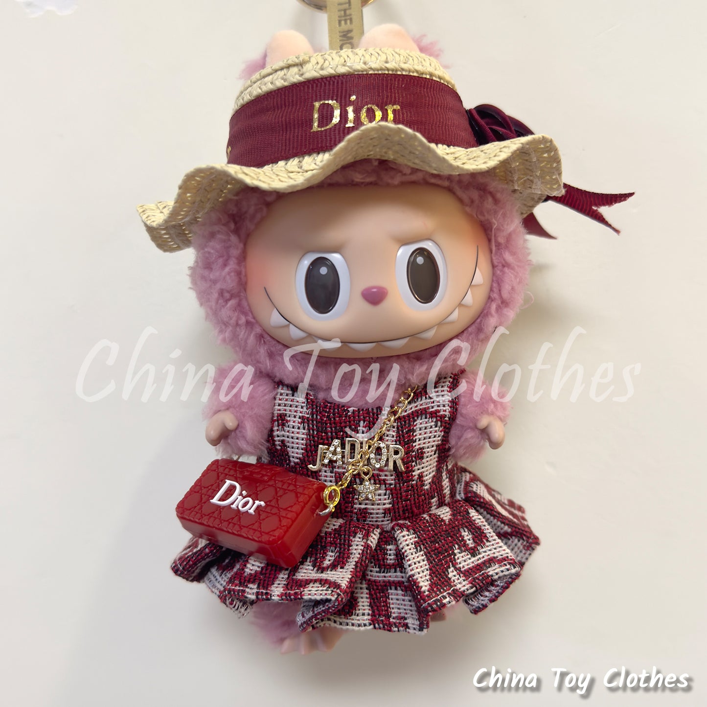 LABUBU 17cm The Monsters Plush Doll Clothes Elegant Straw Hat and Red Skirt and Bag NO TOY