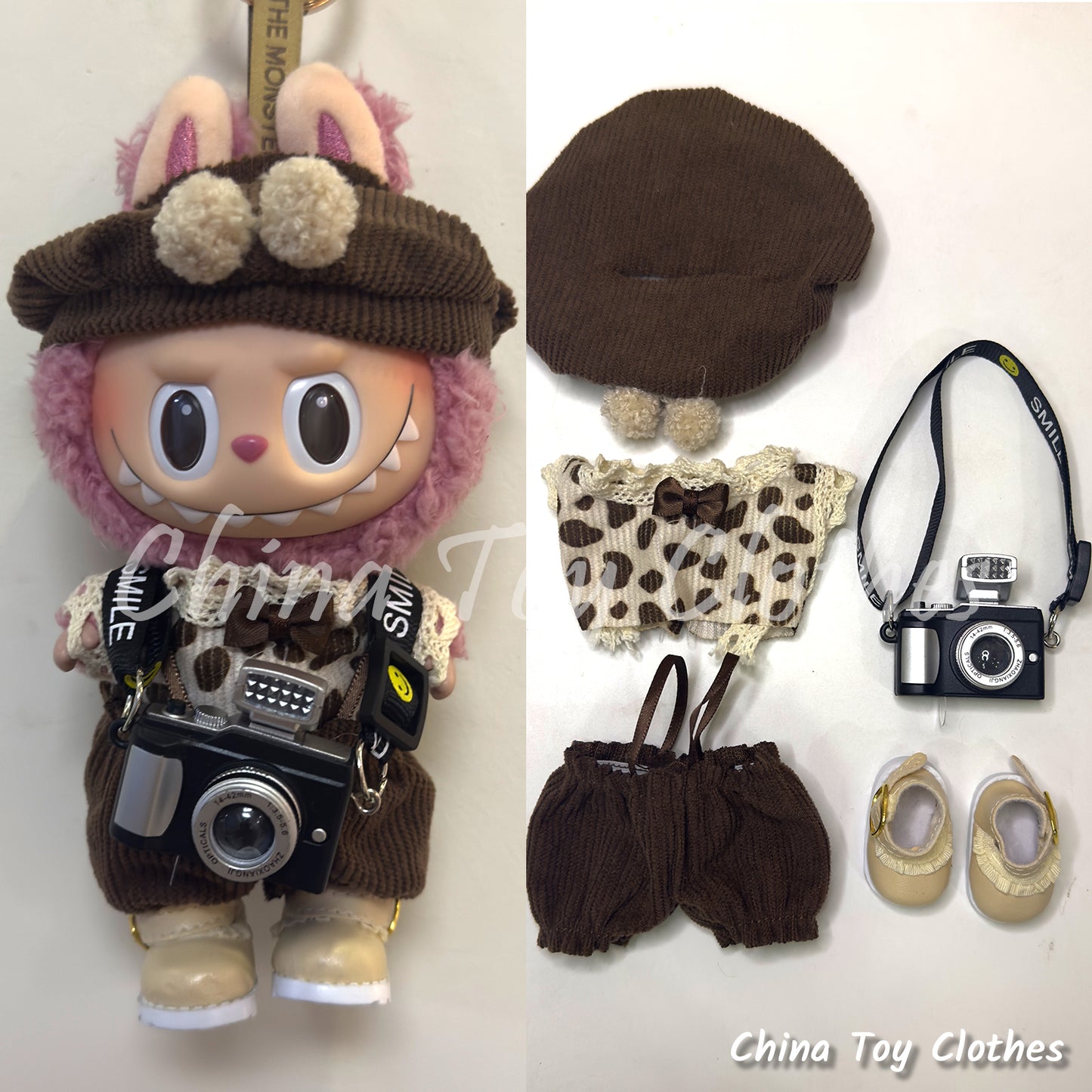 LABUBU 17cm The Monsters Plush Doll Replacing Clothes Cute Europe Style Outfit Hat Shoes Camera NO TOY