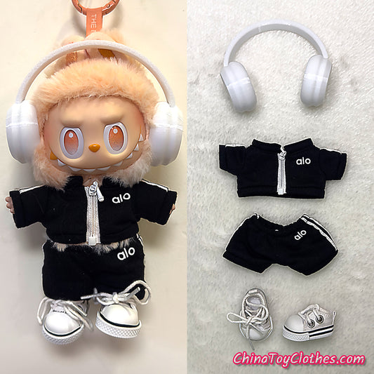 LABUBU 17cm The Monsters Plush Doll Replacing Clothes Black Yoga Leisure Sportswear Outfit NO TOY