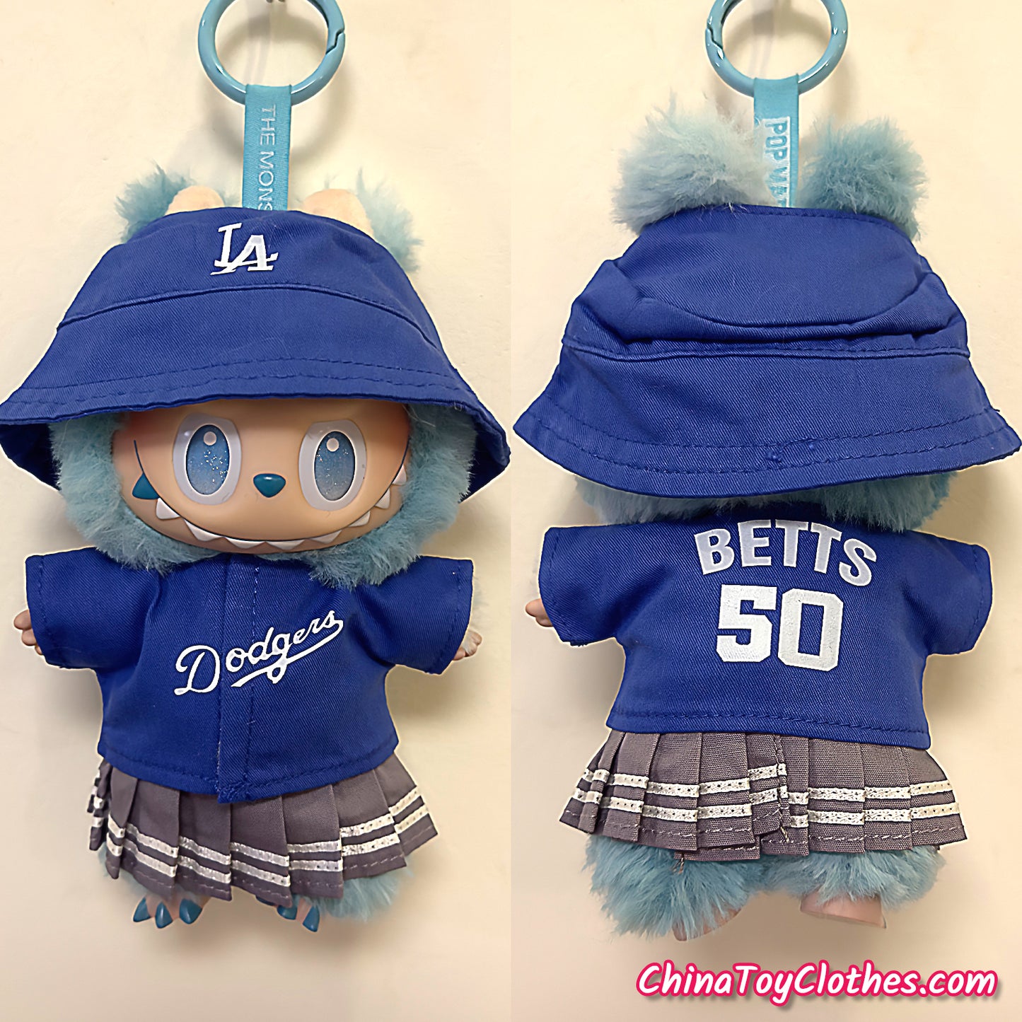 LABUBU 17cm The Monsters Plush Doll Replacing Clothes Blue LA Dodgers No. 50 BETTS Sportswear Outfit NO TOY