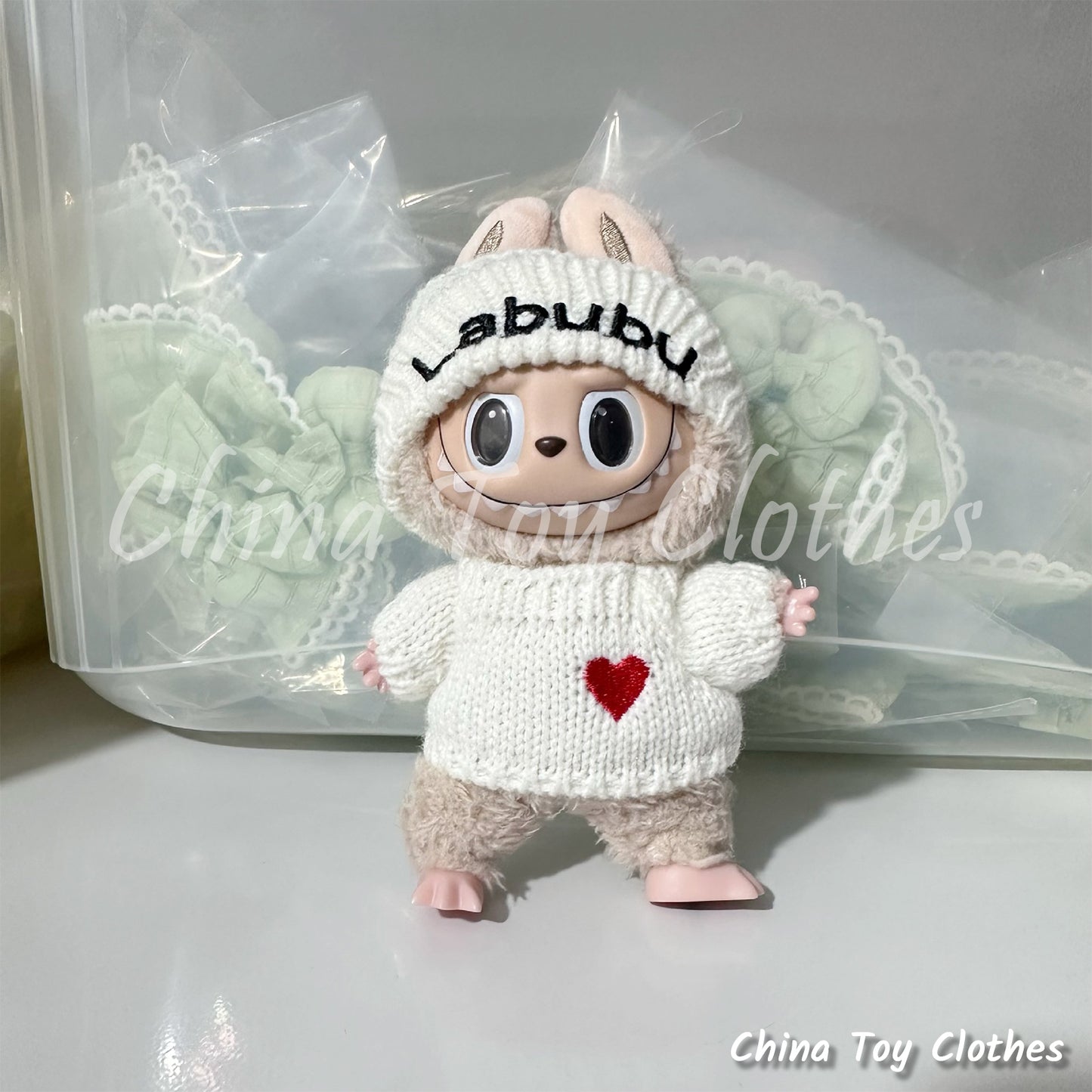 LABUBU 17cm The Monsters Plush Doll Clothes White Labubu Knitting Hat and Sweater NO TOY