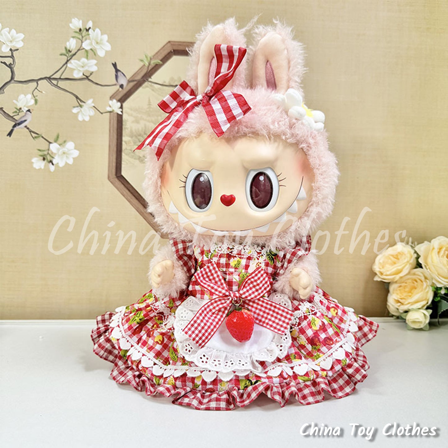 LABUBU 38cm 15inch The Monsters Plush Doll Clothes Handmade Country Lady Strawberry NO TOY