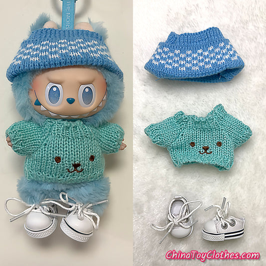 LABUBU 17cm The Monsters Plush Doll Handmade Cute Green Sweater Outfit NO TOY