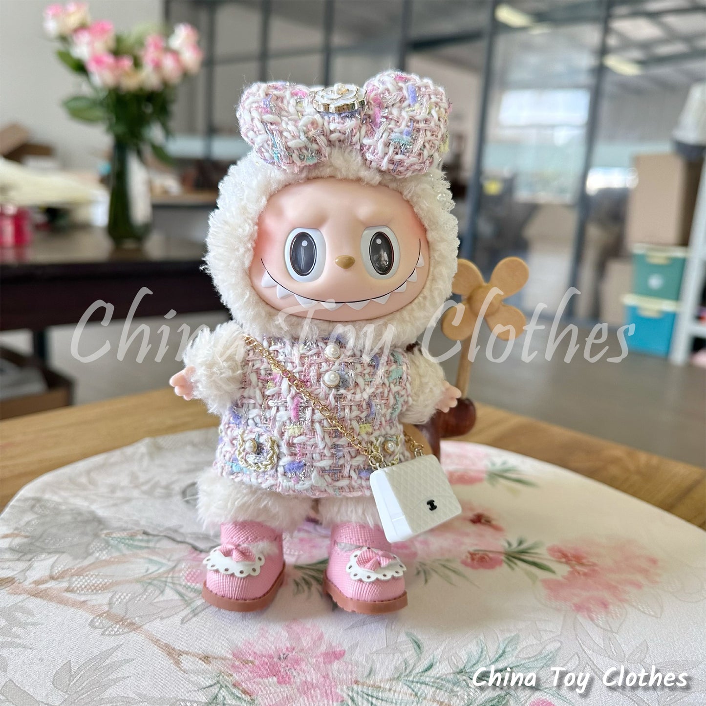 LABUBU 17cm The Monsters Plush Doll Clothes Rich Girl Pink Chanel Fashion Style Plus Bag Shoes NO TOY