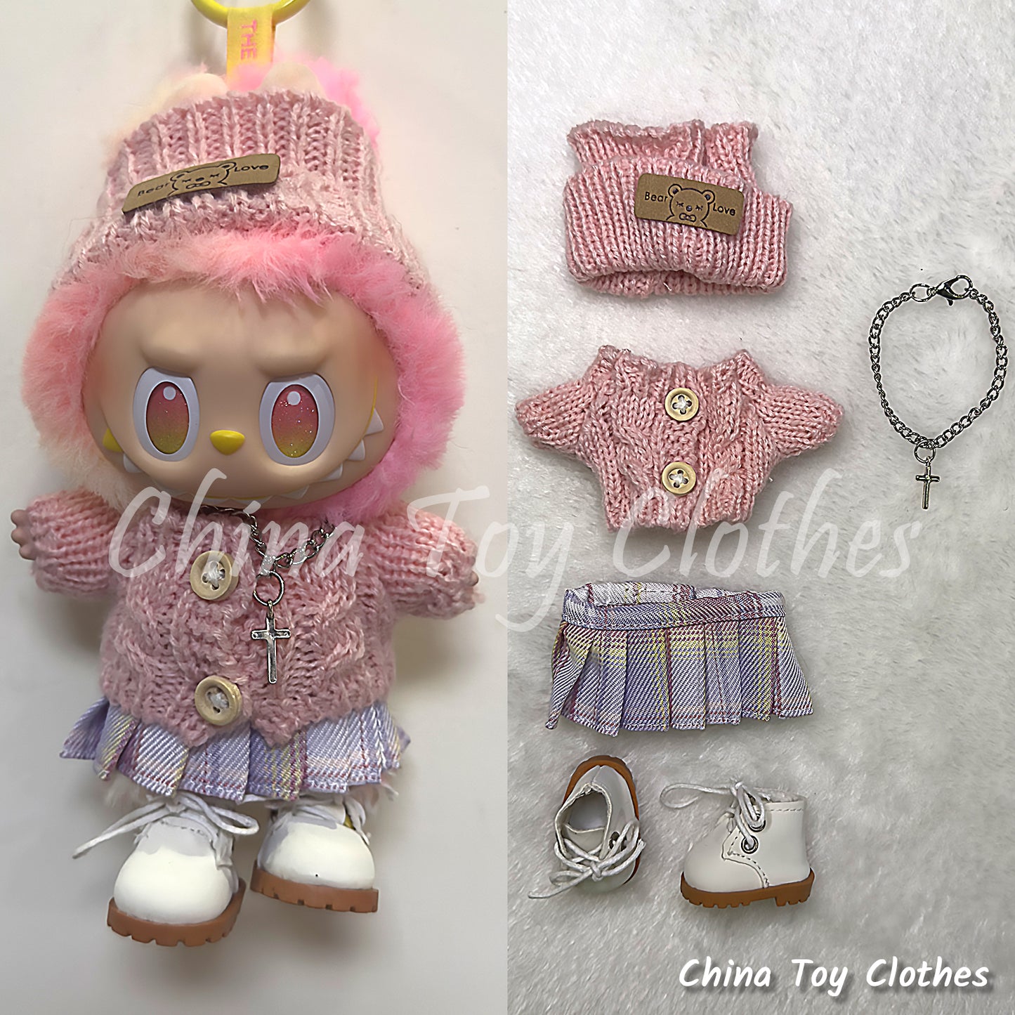 LABUBU 17cm The Monsters Plush Doll Handmade Cute PINK Sweater Outfit NO TOY