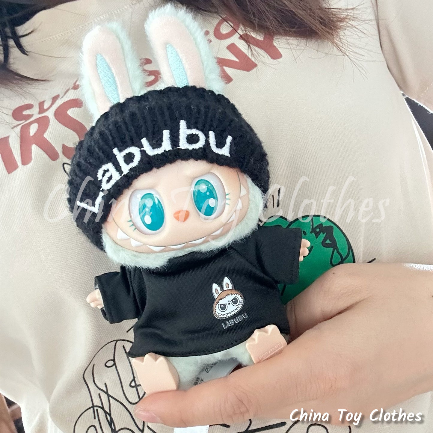 LABUBU 17cm The Monsters Plush Doll Clothes Black Labubu Knitting Hat and T-Shirt NO TOY