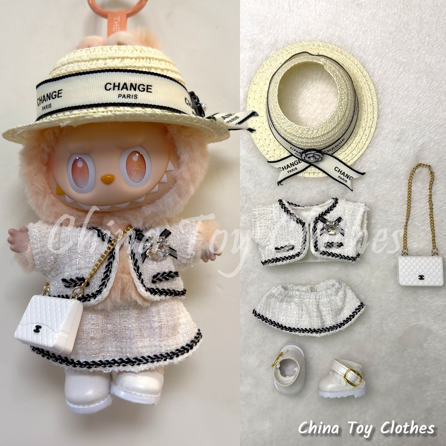 LABUBU 17cm The Monsters Plush Doll Handmade Clothes Elegant Lady Fashion Style Outfit With Straw Hat NO TOY