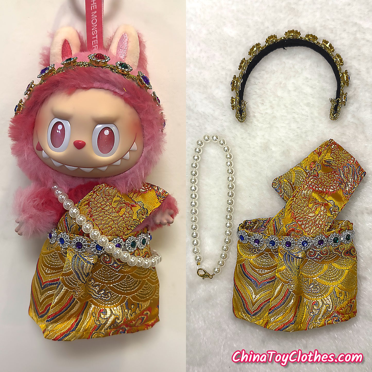 LABUBU 17cm The Monsters Plush Doll Handmade Clothes Cute Traditional Thai Golden Outfit NO TOY