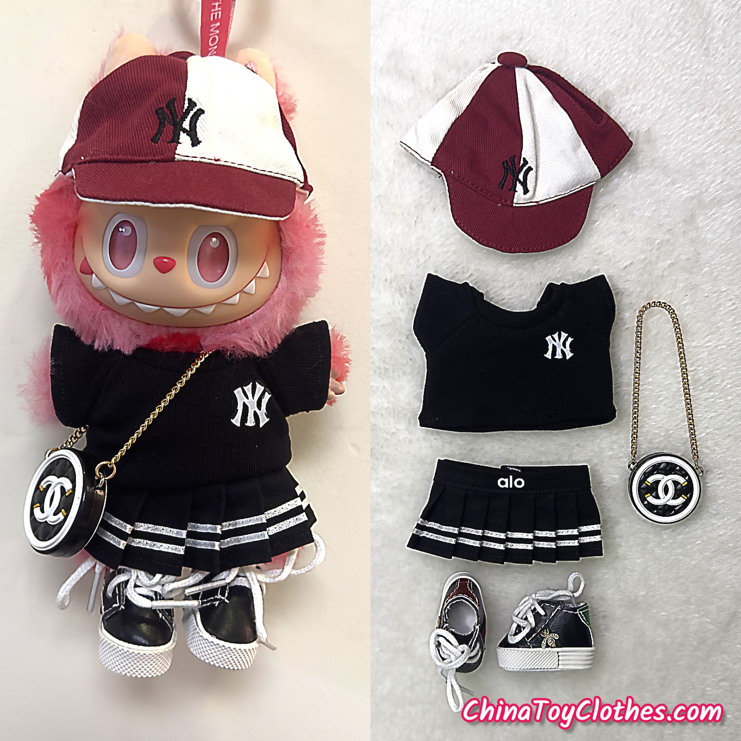 LABUBU 17cm The Monsters Plush Doll Replacing Clothes Baseball T-Shirt and Cap Leisure Sportswear Outfit NO TOY