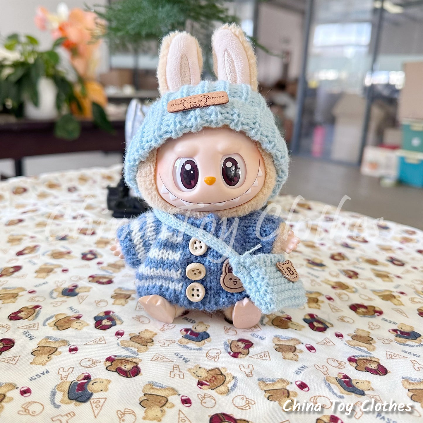 LABUBU 17cm The Monsters Plush Doll Clothes Adorable Blue Kinitting Sweater Suit with Bag NO TOY