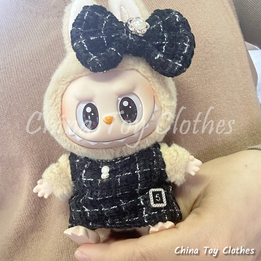 LABUBU 17cm The Monsters Plush Doll Clothes Rich Girl Black & White Chanel Fashion Style NO TOY