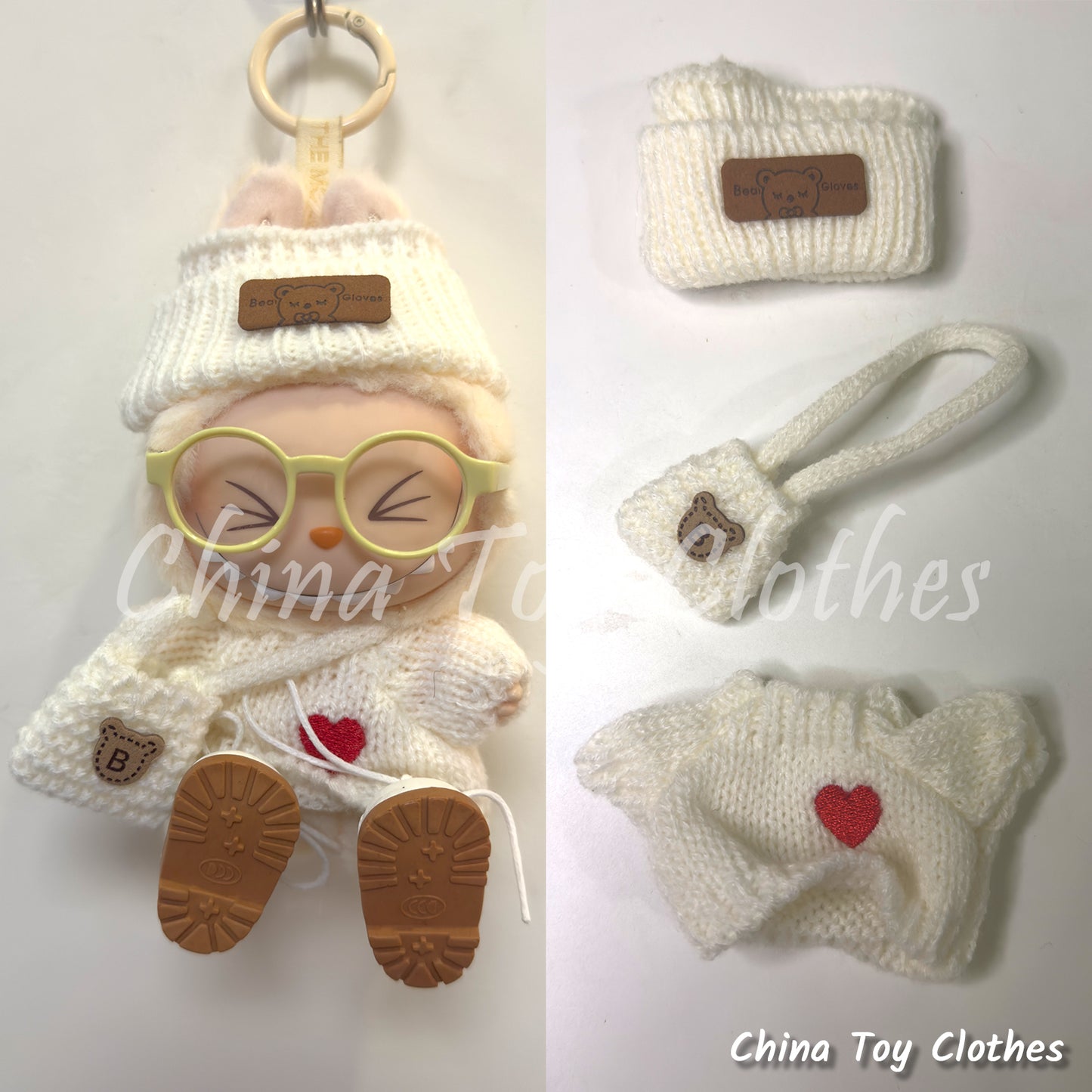 LABUBU 17cm The Monsters Plush Doll Clothes Adorable White Kinitting Sweater with Bag NO TOY