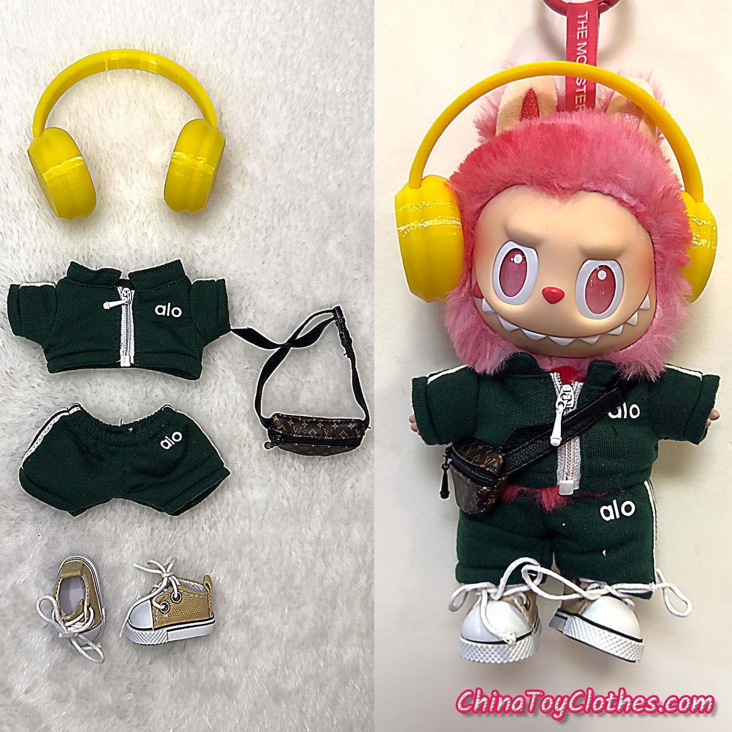 LABUBU 17cm The Monsters Plush Doll Replacing Clothes Green Yoga Leisure Sportswear Outfit NO TOY