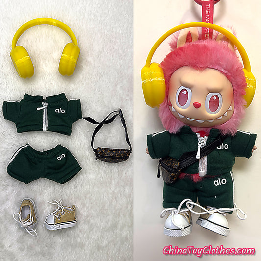 LABUBU 17cm The Monsters Plush Doll Replacing Clothes Green Yoga Leisure Sportswear Outfit NO TOY