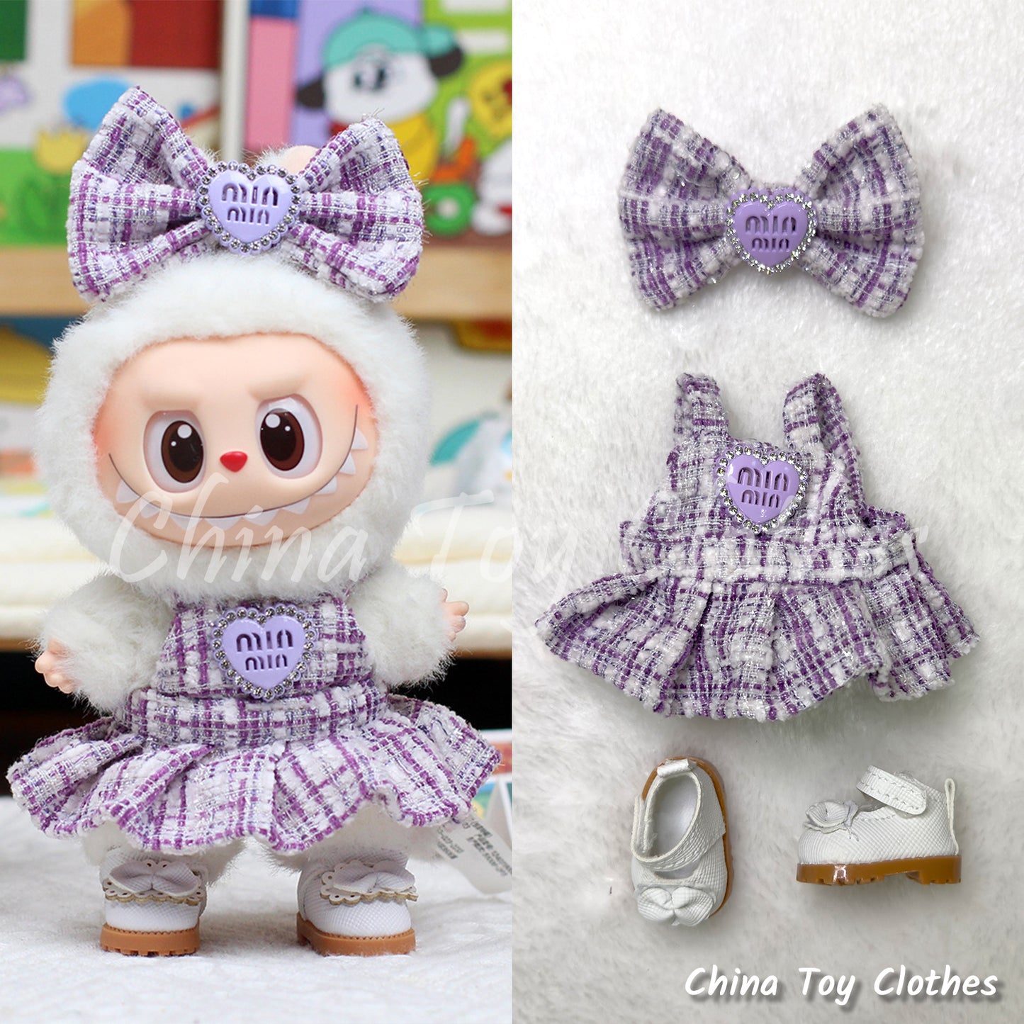 LABUBU 17cm The Monsters Plush Doll Handmade Clothes Elegant Lady Purple Fashion Skirt NO TOY