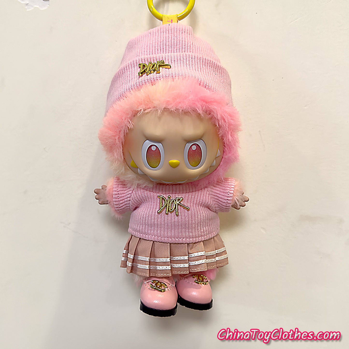 LABUBU 17cm The Monsters Plush Doll Handmade Cute Pink DD Sweater and Bag NO TOY