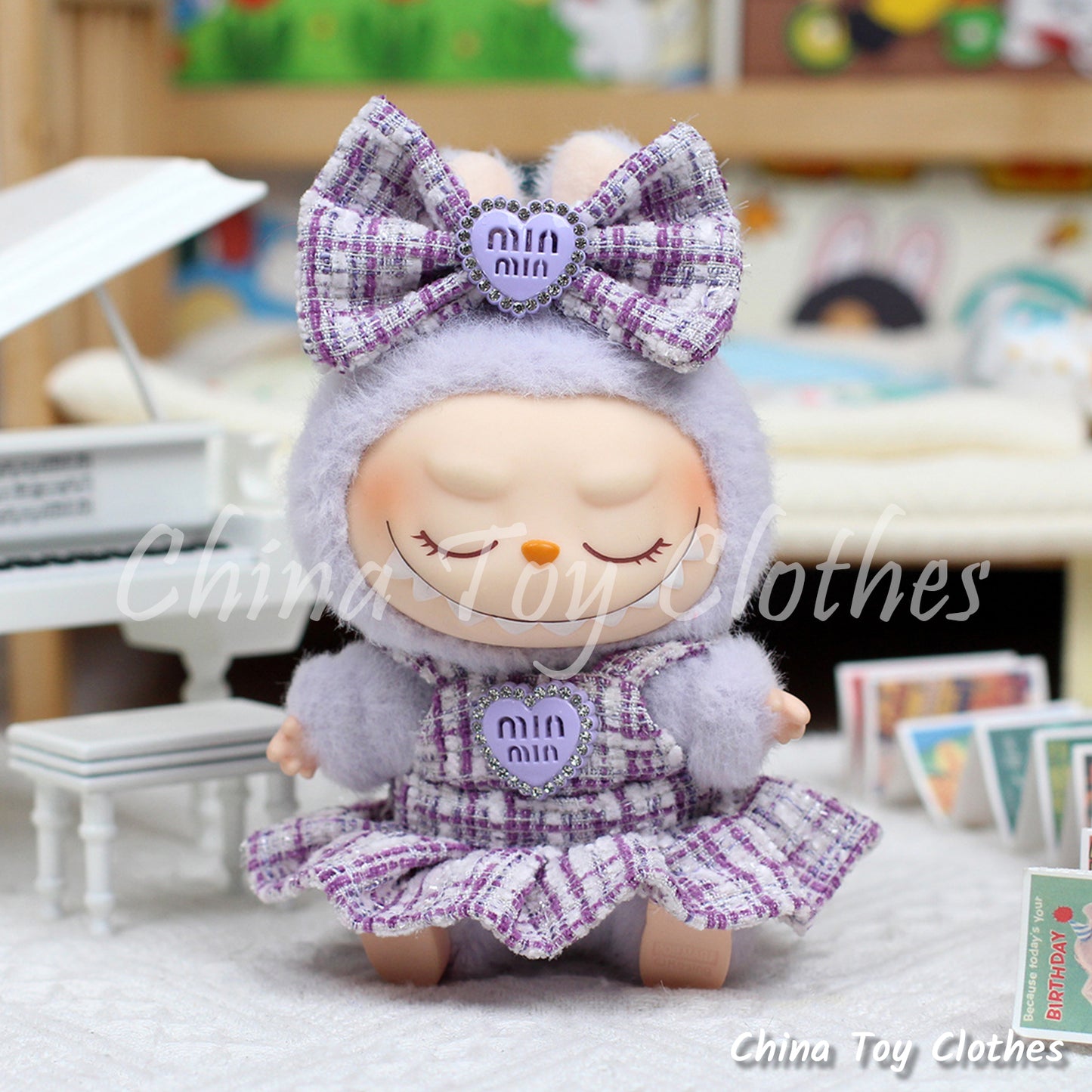 LABUBU 17cm The Monsters Plush Doll Handmade Clothes Elegant Lady Purple Fashion Skirt NO TOY