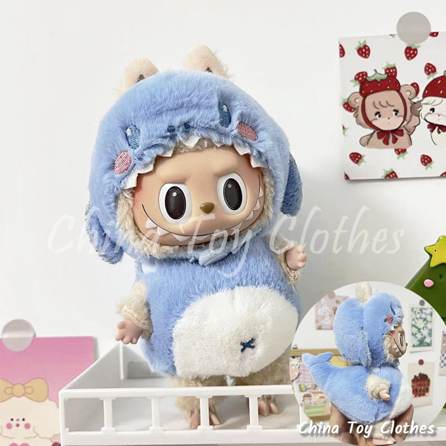LABUBU 17cm Les Monstres Peluche Poupée Vêtements Belle Tenue Requin Bleu Ciel PAS DE JOUET