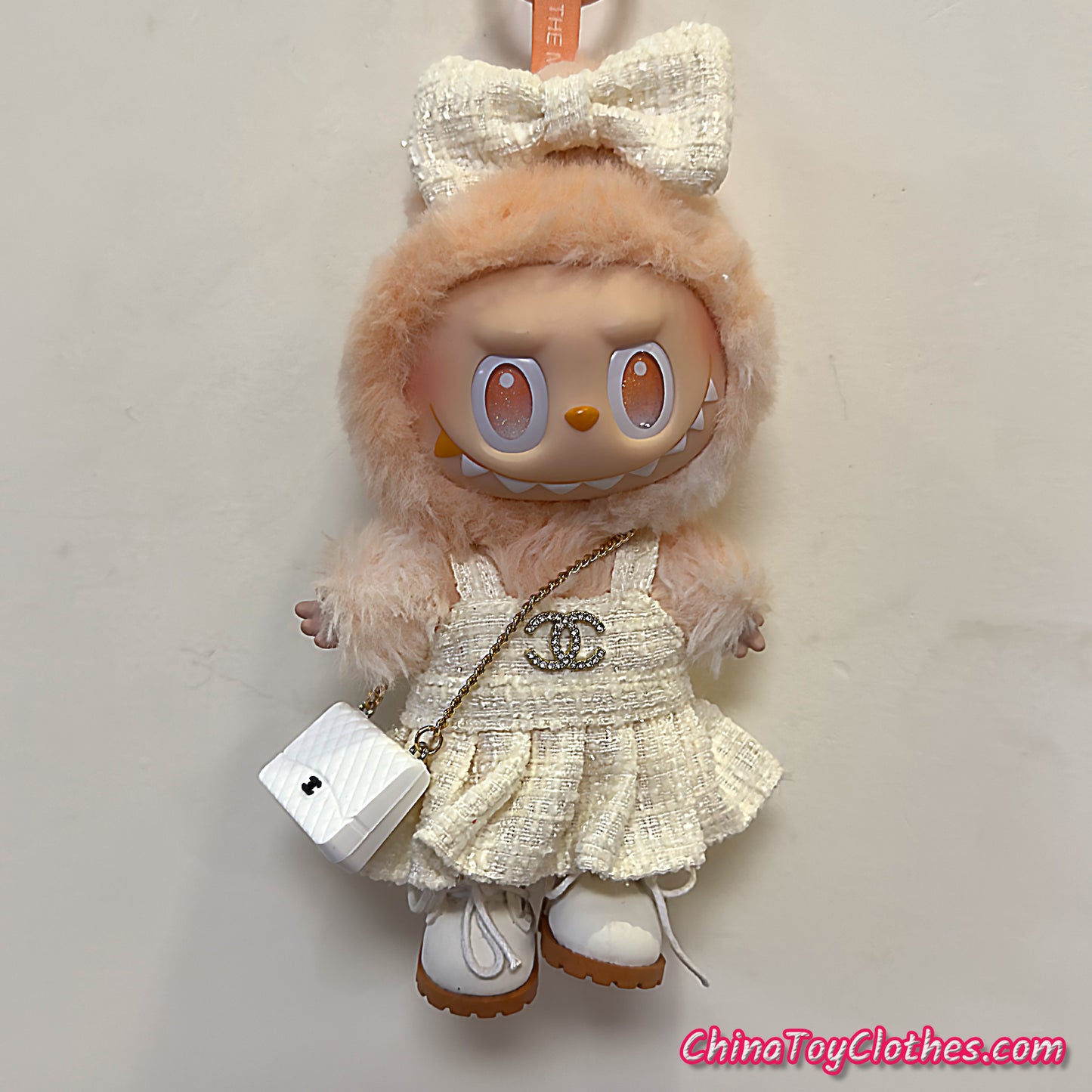 LABUBU 17cm The Monsters Plush Doll Handmade Clothes White Headband Princess Jumpsuit With Bag NO TOY