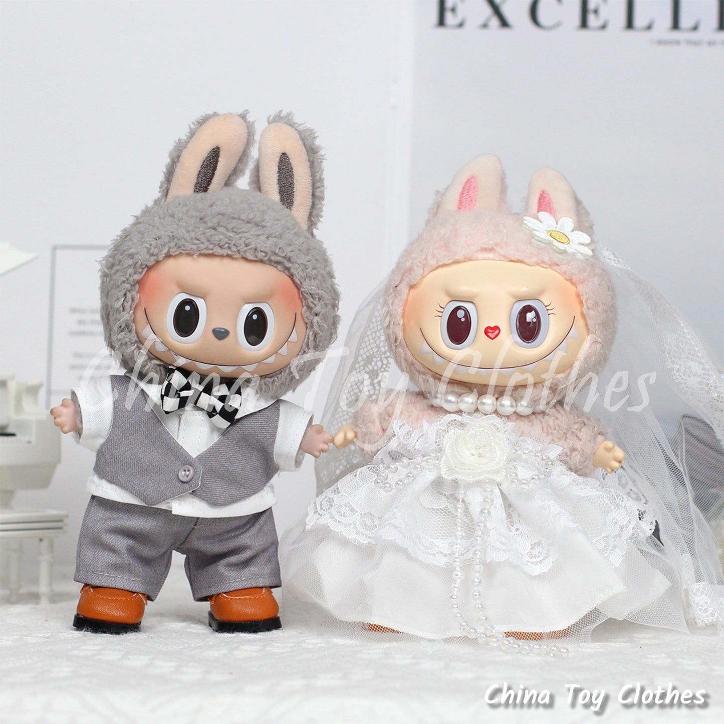 LABUBU 17cm The Monsters Plush Doll Replacing Clothes Handsome Wedding Suit and Dress