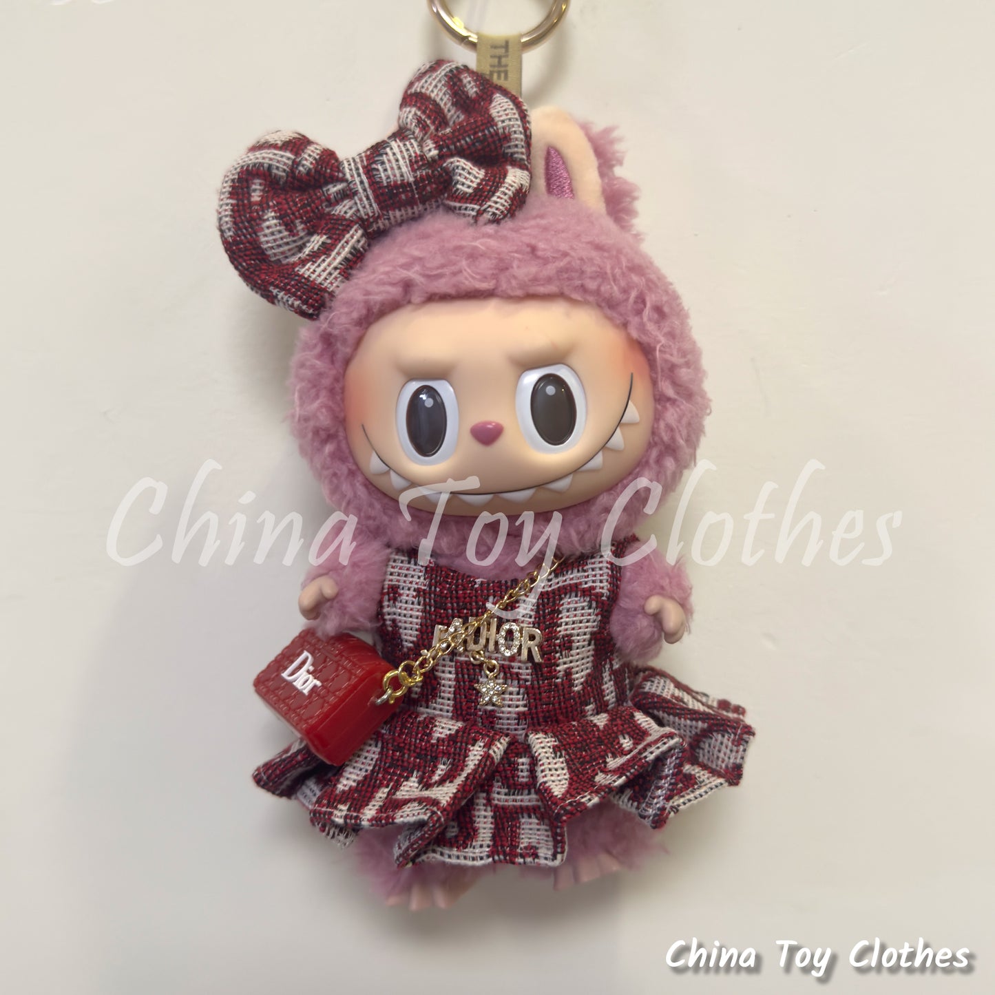 LABUBU 17cm The Monsters Plush Doll Clothes Elegant Headband and Red Skirt and Bag NO TOY