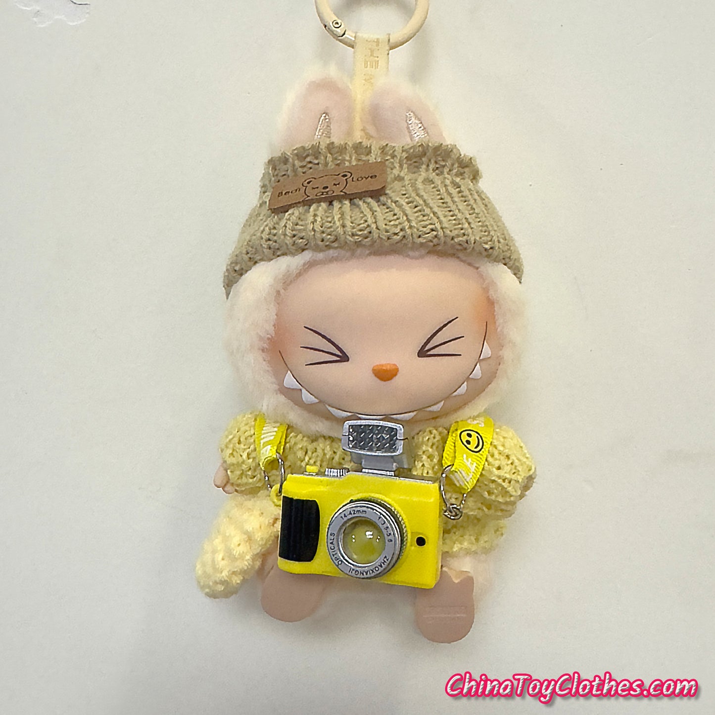 LABUBU 17cm The Monsters Plush Doll Handmade Yellow Cute Sweater Outfit and Camera NO TOY