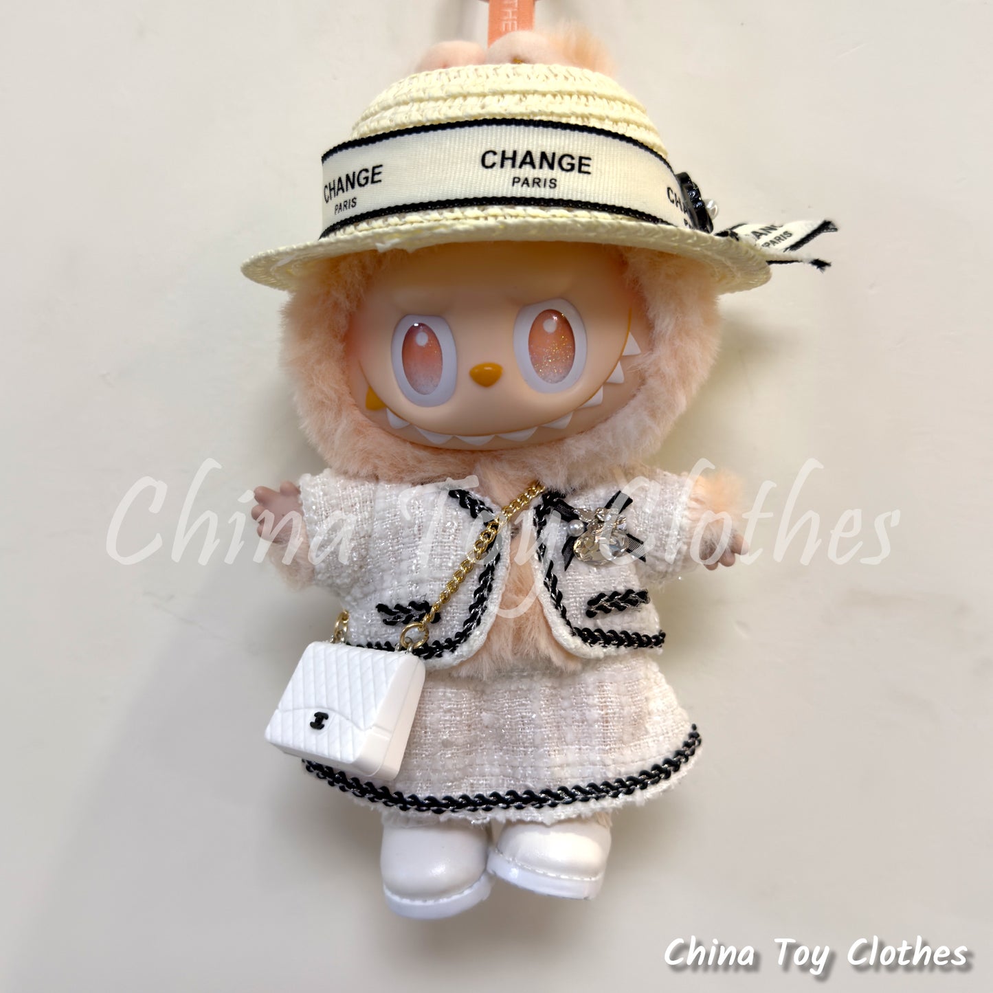 LABUBU 17cm The Monsters Plush Doll Handmade Clothes Elegant Lady Fashion Style Outfit With Straw Hat NO TOY
