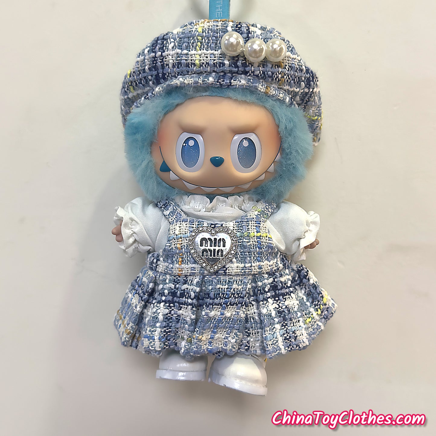 LABUBU 17cm The Monsters Plush Doll Handmade Clothes Adorable Blue MM Princess Dress NO TOY