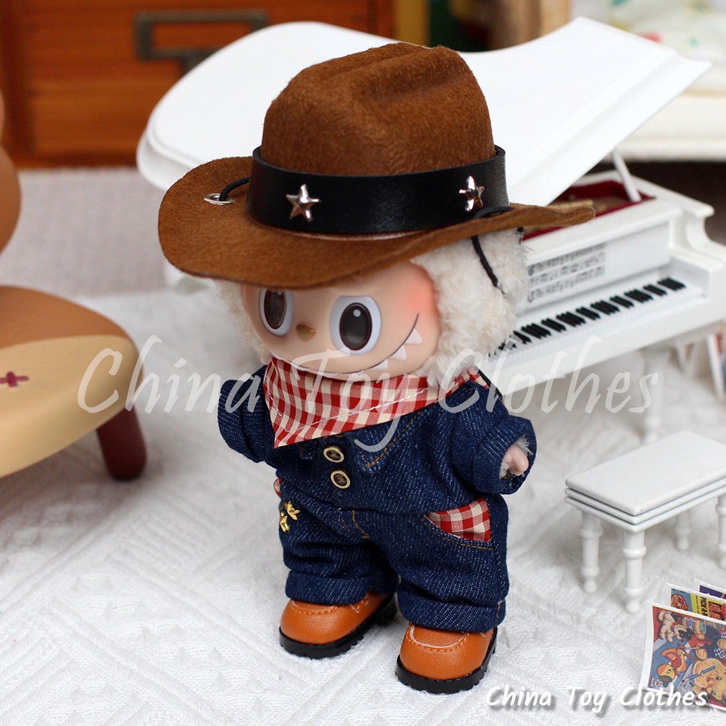 LABUBU 17cm 7inch The Monsters Plush Doll Clothes Handmade Cowboy Outfit NO TOY