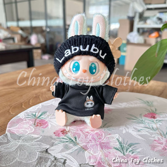 LABUBU 17cm The Monsters Plush Doll Clothes Black Labubu Knitting Hat and T-Shirt NO TOY