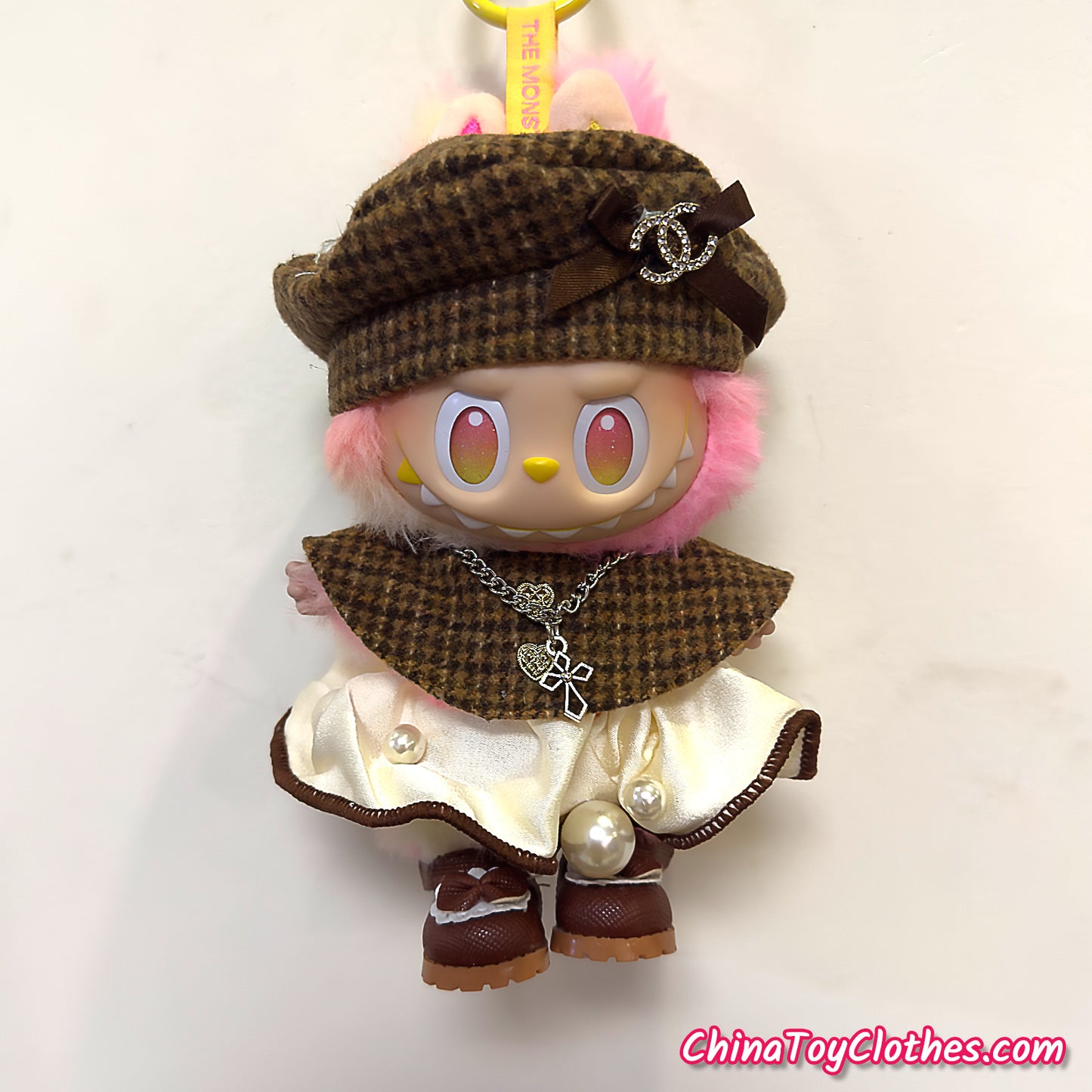 LABUBU 17cm The Monsters Plush Doll Handmade Clothes Brown Elegant Pearls Princess Dress NO TOY