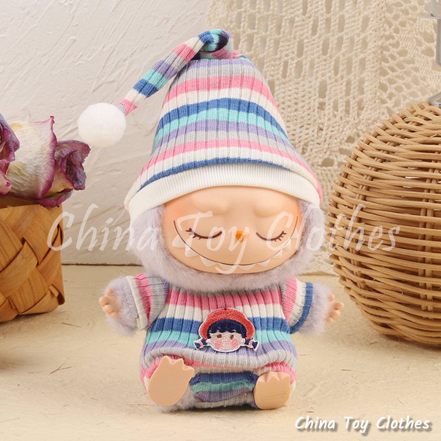 LABUBU 17cm The Monsters Plush Doll Clothes Adorable Rainbow Color Sweater with Hat NO TOY