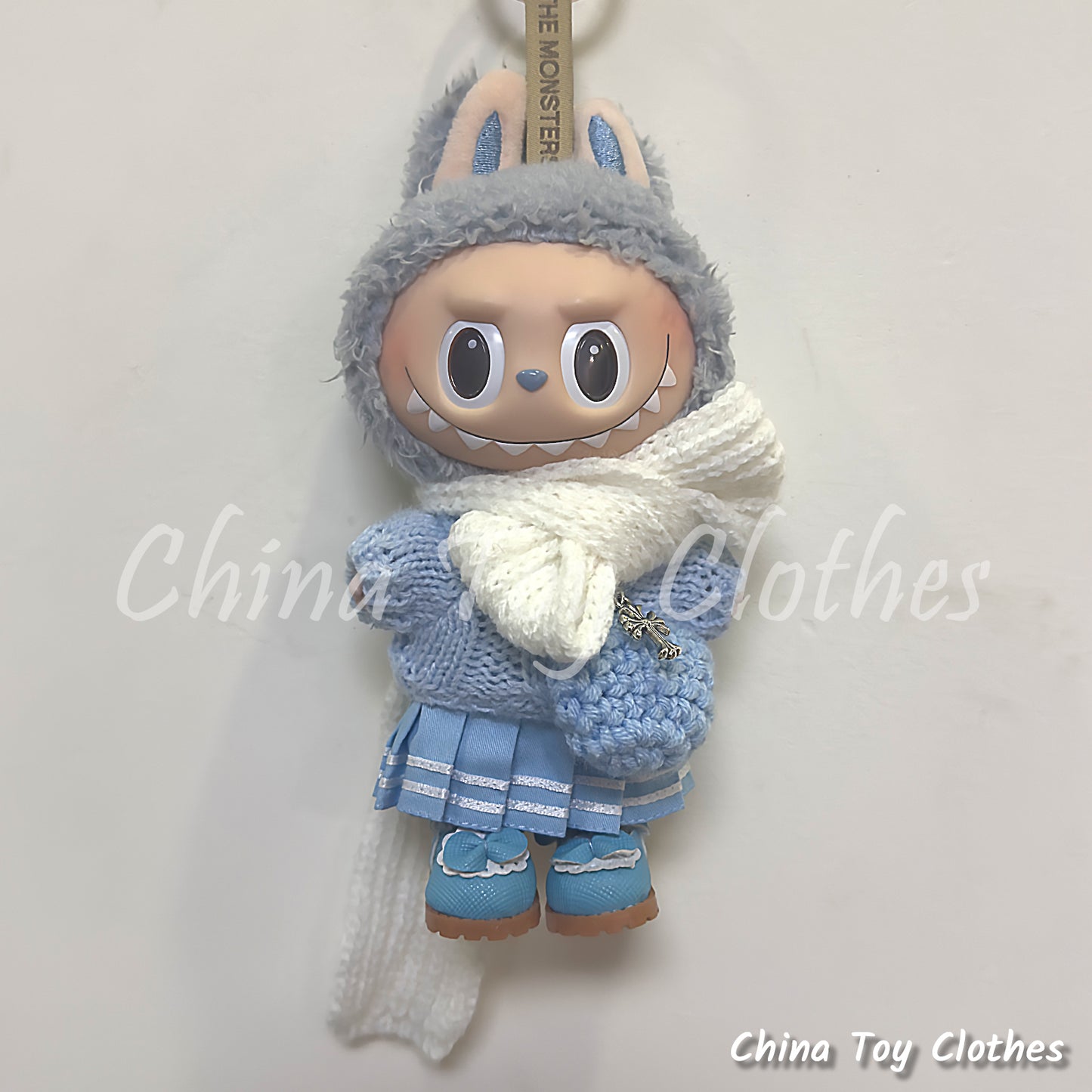 LABUBU 17cm The Monsters Plush Doll Handmade Blue Cute Sweater Outfit NO TOY