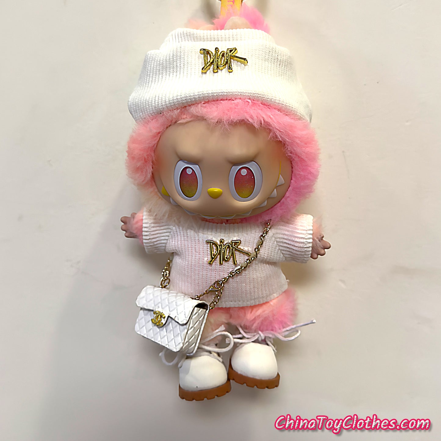 LABUBU 17cm The Monsters Plush Doll Handmade Cute White DD Sweater and Bag NO TOY