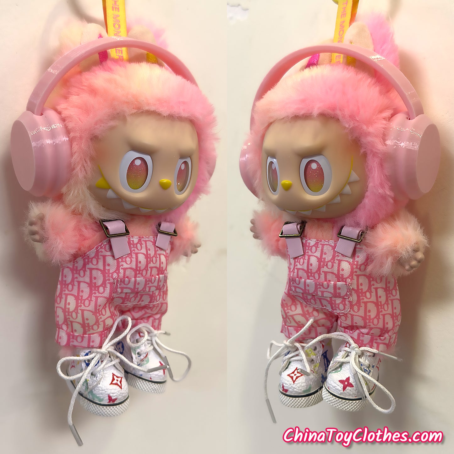 LABUBU 17cm The Monsters Plush Doll Replacing Clothes 'Rich Doll' Pink Jumpsuit NO TOY