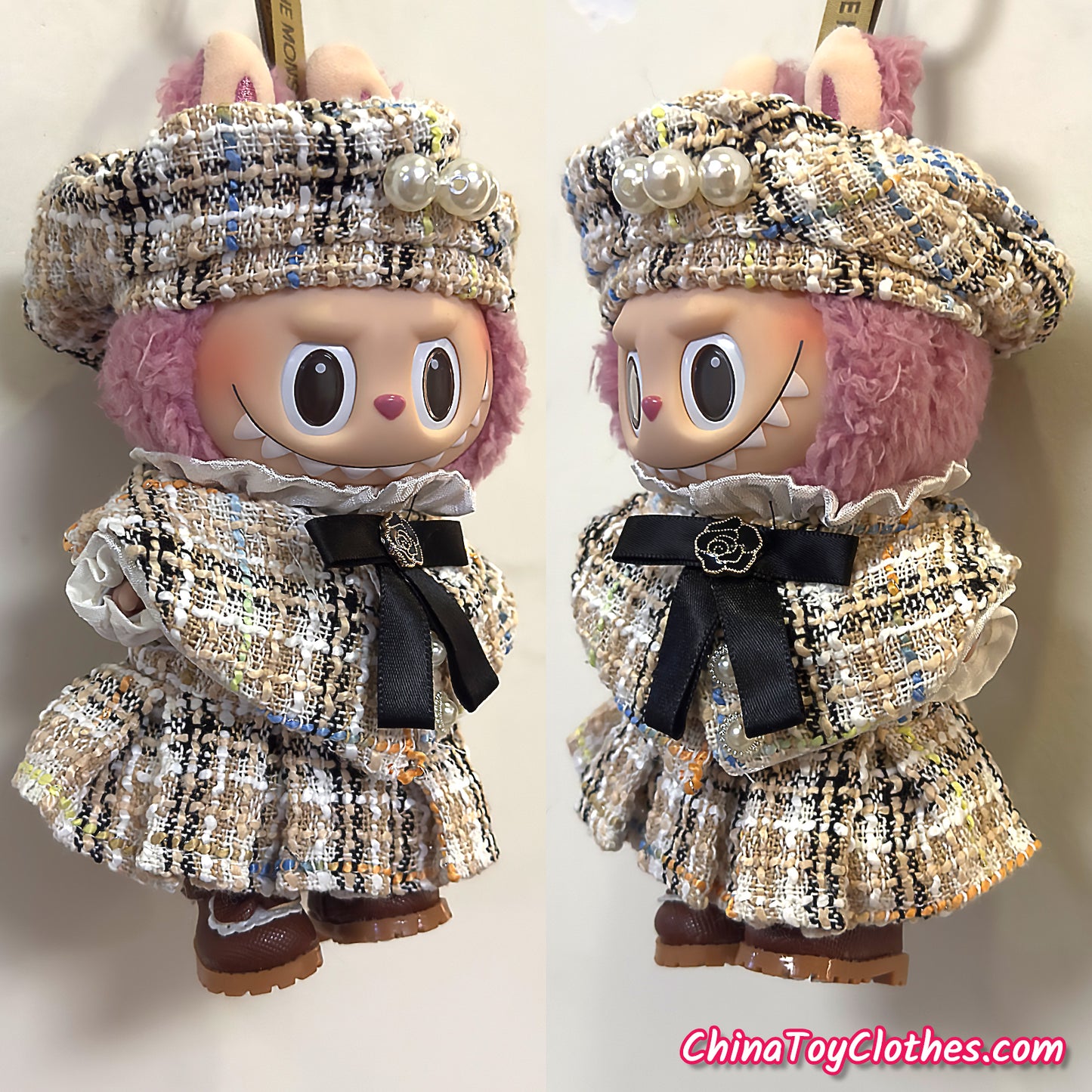 LABUBU 17cm The Monsters Plush Doll Handmade Clothes Adorable Beige CC Princess Dress NO TOY