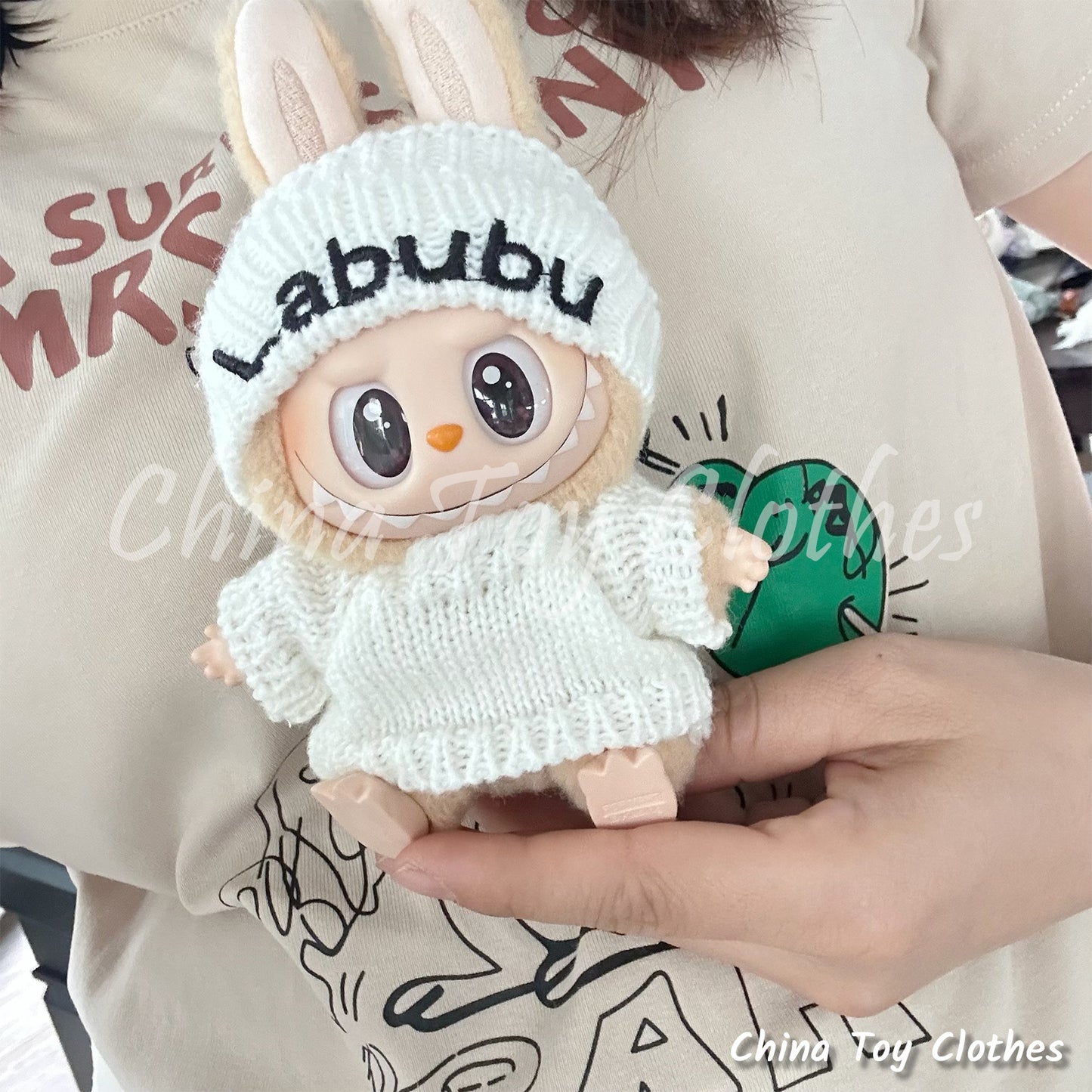 LABUBU 17cm The Monsters Plush Doll Clothes White Labubu Knitting Hat and Sweater NO TOY