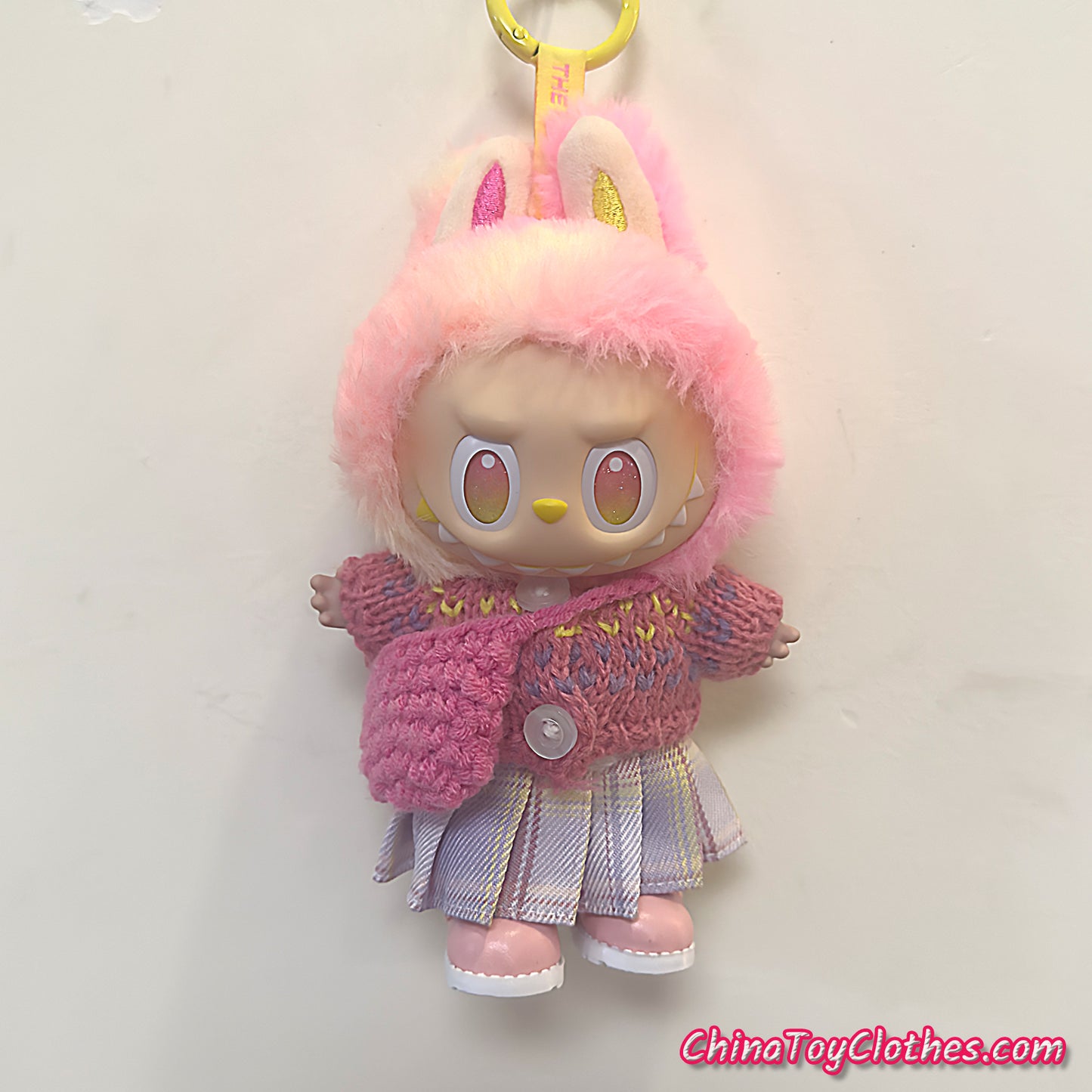LABUBU 17cm The Monsters Plush Doll Handmade Cute PINK Sweater Outfit NO TOY