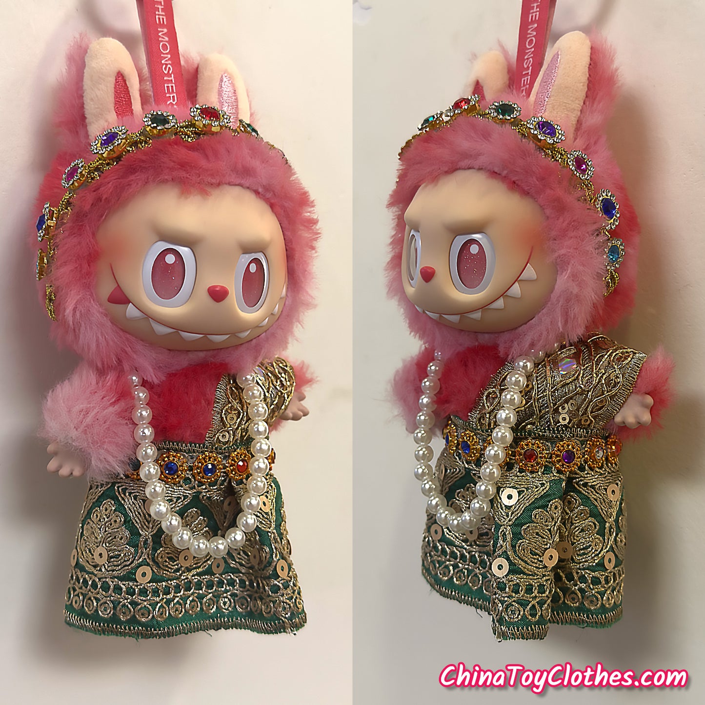 LABUBU 17cm The Monsters Plush Doll Handmade Clothes Cute Traditional Thai Green Outfit NO TOY