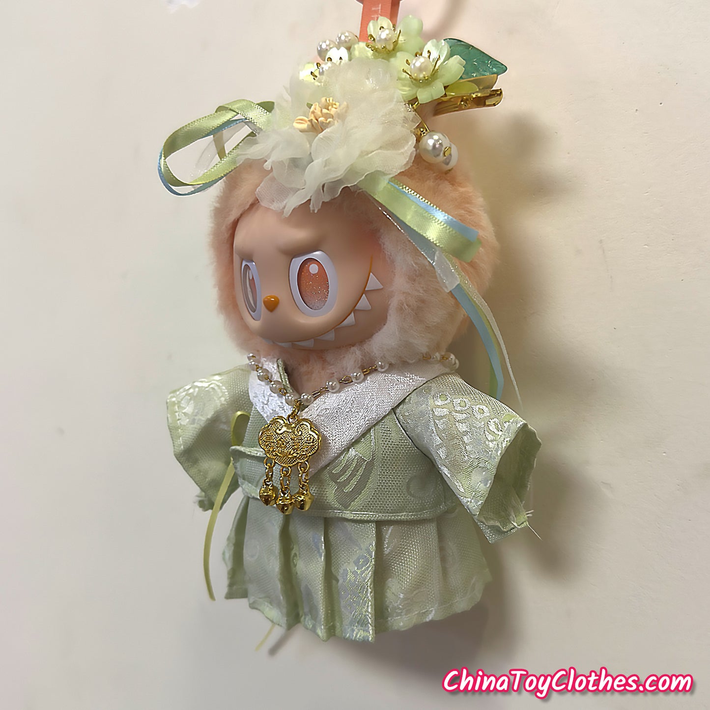 LABUBU 17cm The Monsters Plush Doll Handmade Clothes Green Traditonal Han Dynasty Outfit NO TOY