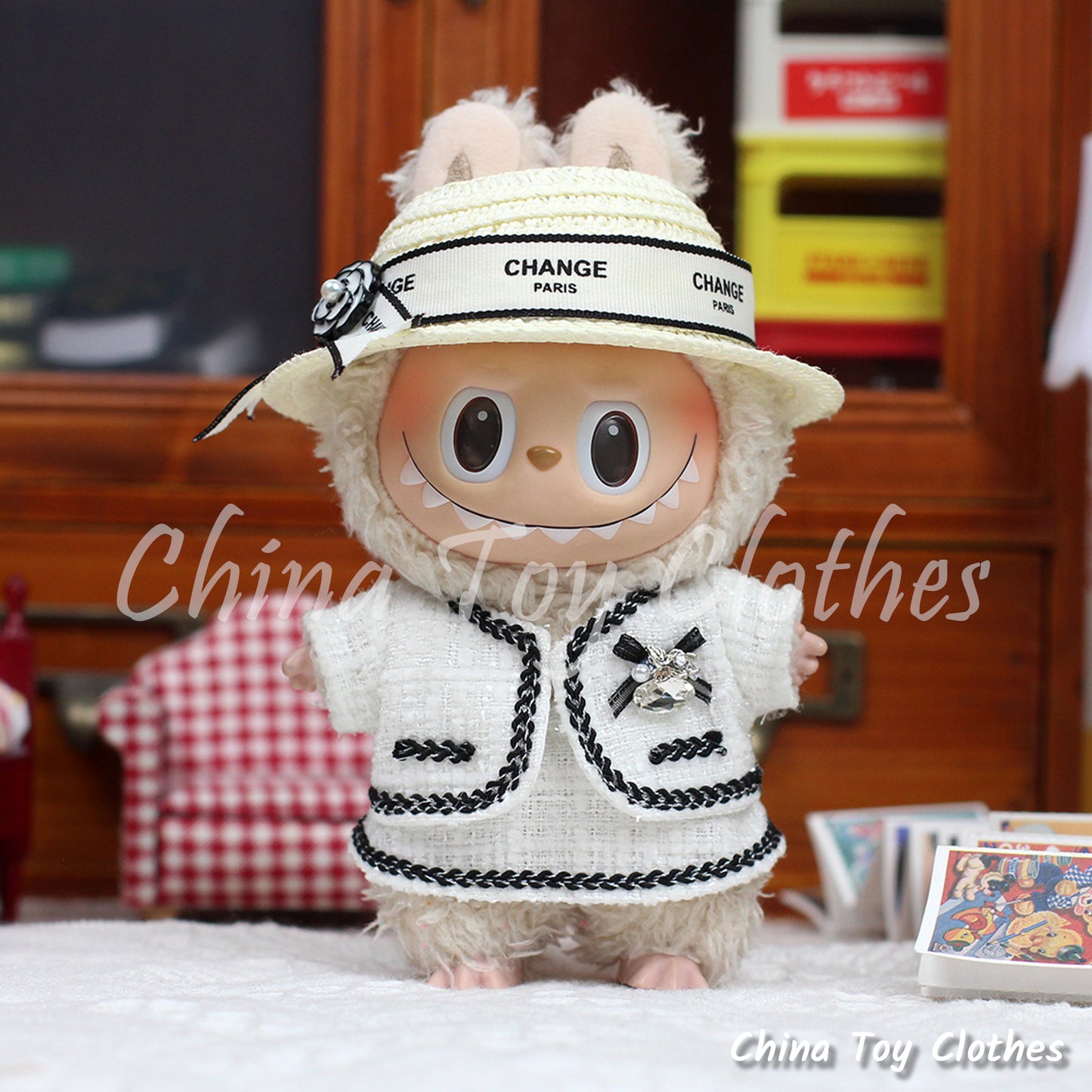LABUBU 17cm The Monsters Plush Doll Handmade Clothes Elegant Girl Fashion Style Outfit With Straw Hat NO TOY