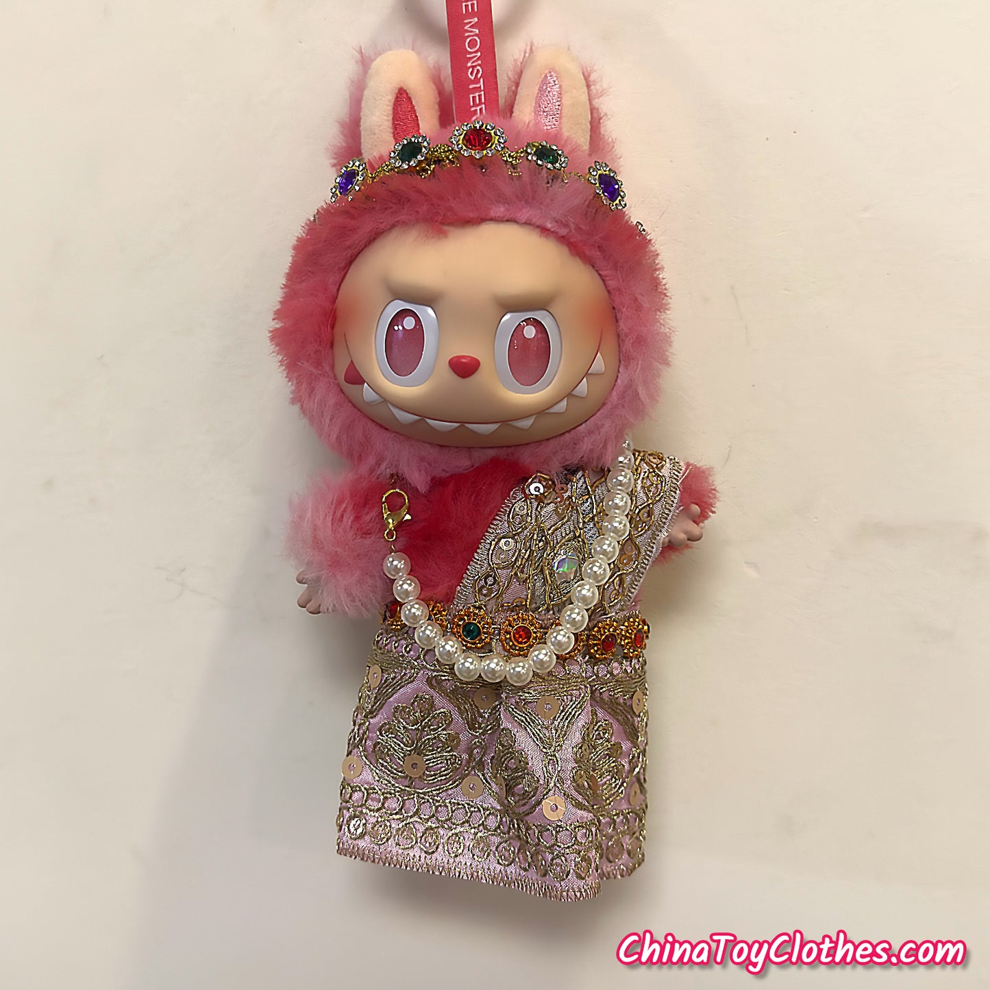 LABUBU 17cm The Monsters Plush Doll Handmade Clothes Cute Traditional Thai Pink Outfit NO TOY