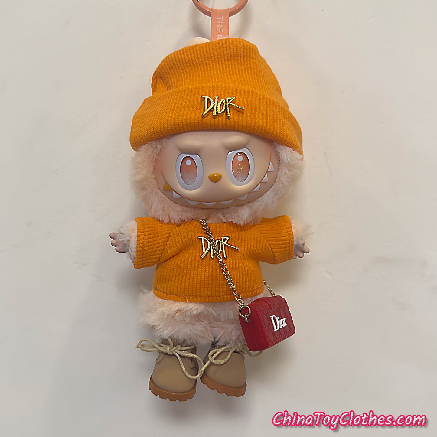 LABUBU 17cm The Monsters Plush Doll Handmade Cute Orange DD Sweater and Bag NO TOY