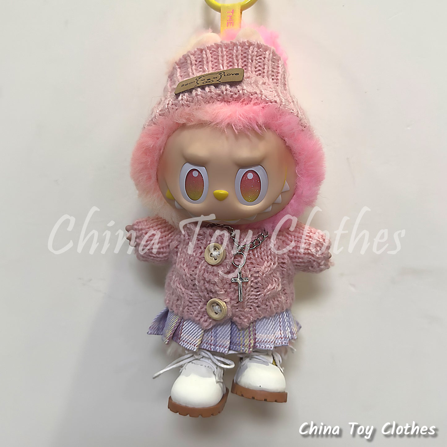 LABUBU 17cm The Monsters Plush Doll Handmade Cute PINK Sweater Outfit NO TOY