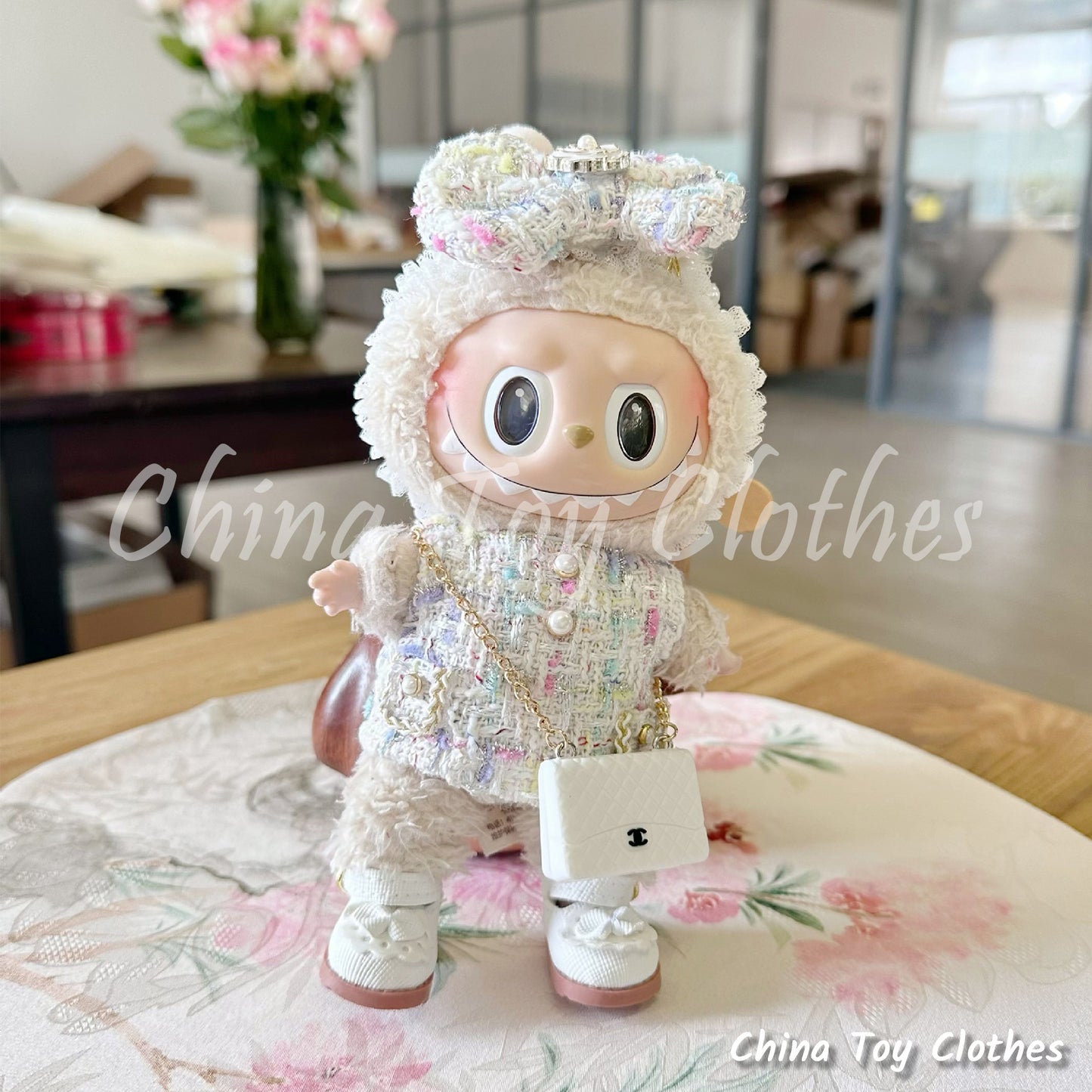 LABUBU 17cm Les Monstres Peluche Poupée Vêtements Rich Girl Blanc Chanel Mode Style Plus Sac &amp; Chaussures PAS DE JOUET